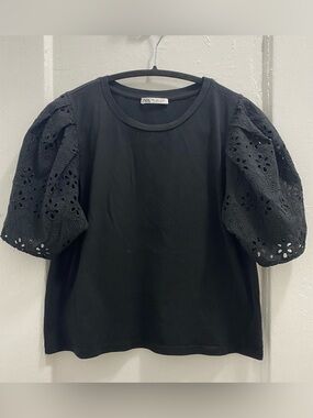 ZARA Black Eyelet Puff-Sleeve Tee